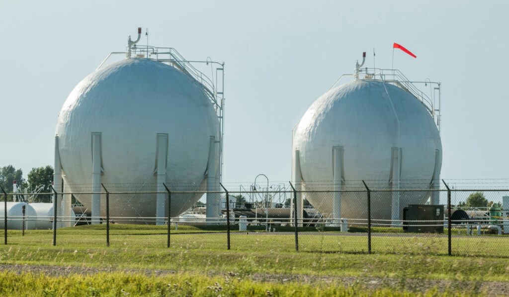 Spherical gas tanks at an oil refinery.